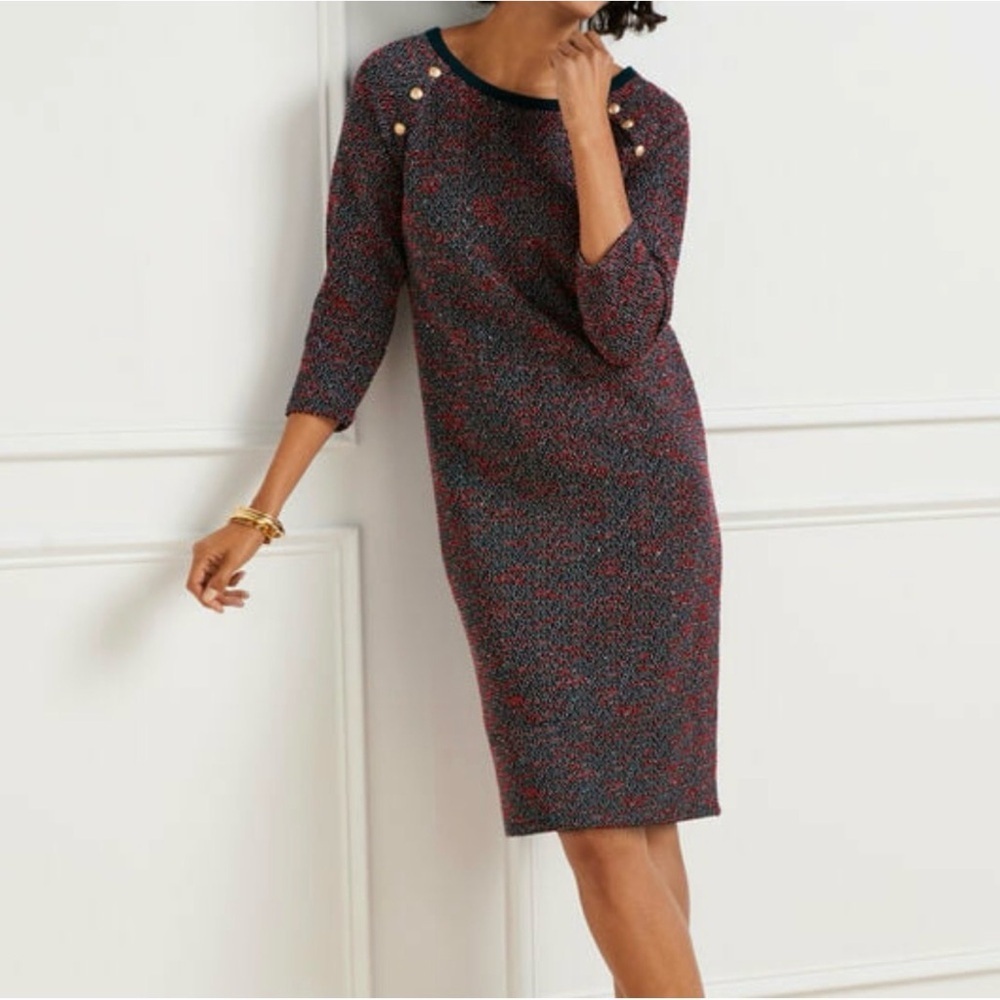 Talbots Tweed Shift Dress Long Sleeve Navy Blue Red Size Large. B13